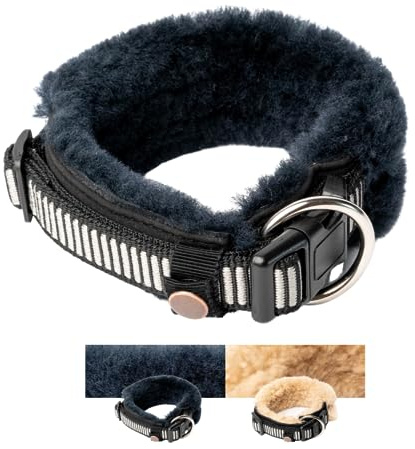CHRIS innovatives Hundehalsband aus Lammwolle, Halsband vermindert erheblich Haarbruch, gepolstert, reflektierend, verstellbar, für kleine mittel große Hunde in M (35-45cm), L (45-55cm), XL (55-65cm)