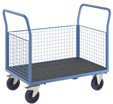 eurokraft | Plattformwagen mit Gitterwänden | Vollelastik-Rollen | 3 hohe Gitter | LxB 1200 x 775 mm