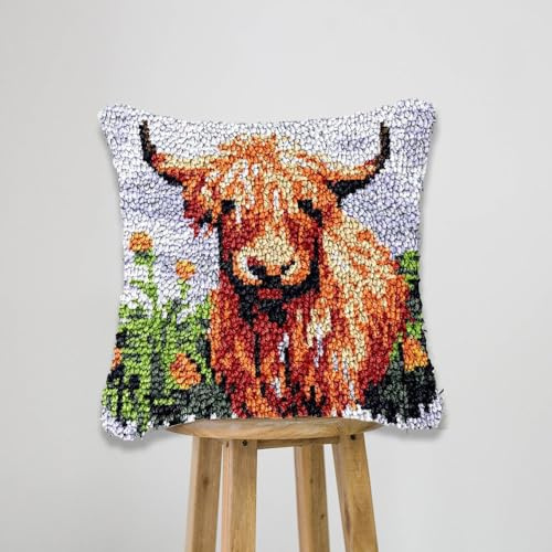 JILIP Cute Highland Cow Cattle Latch Hook Kits, 17 * 17 DIY Pillowcase Hook and Latch Kit, Needlework Cushion Cover Hand Craft Crochet Sofa Decoration (A)