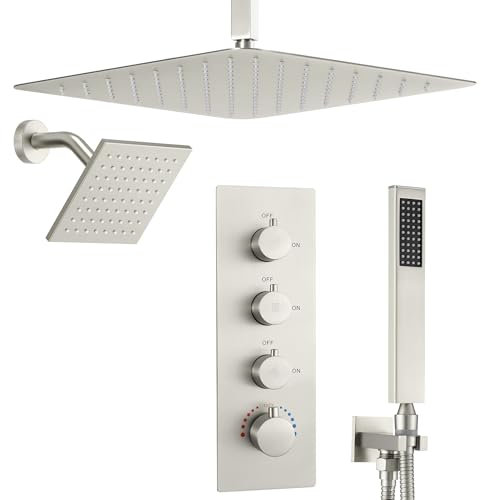 16 Thermostatic Dual Rainfall Head Brushed Nickel Shower System
