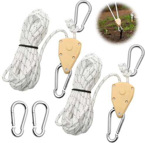 2 Pcs 4M Ratchet Ropes, Grow Lights Ratchet Hangers with 2 Replacement Snap Hooks Metal, Adjustable Heavy Duty Rope Hanger for Grow Room Equipment and Outdoor Camping