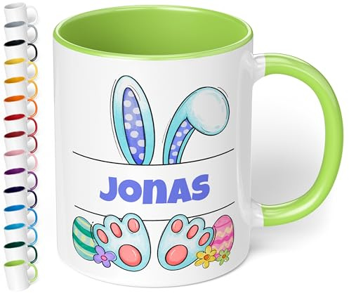 Kleines Ostergeschenk für Mädchen & Jungen personalisiert: Tasse „Blaue Hasenohren“ – 330ml Keramik-Tasse – Geschenk zu Ostern Kinder (Hellgrün)