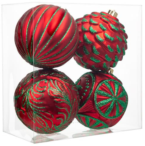Arborus 4PCS Weihnachtskugeln 12 cm Christbaumkugeln Rot Kunststoff Kugeln für Weihnachtsbaumschmuck Glitzer Christbaumschmuck Weihnachtsbaumkugeln Tannenbaumkugeln Weihnachten Deko Adventsdeko