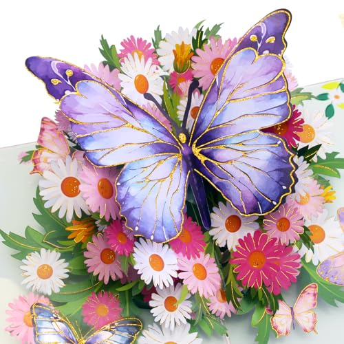 Hierein Pop Up Karte Geburtstag, Schmetterlinge auf Gänseblümchen Geburtstagskarte für Freundin Mama Mädchen, 3D Romantisch Geburtstagskarte Frau, Danke Karte, Hochzeit, Jahrestag, Gute Besserung
