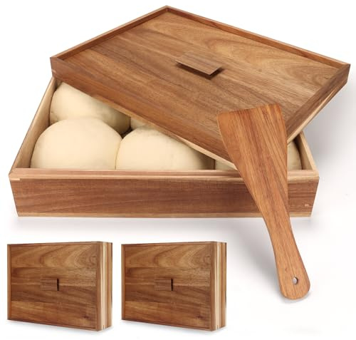 Oranbulb Pizzateig-Gärbox aus Akazienholz, mit Deckel, groß, 40,6 x 30,5 cm, Vintage-Gärbehälter, Tablett mit Spatel für Pizza, Brot, Teig, 2 Stück