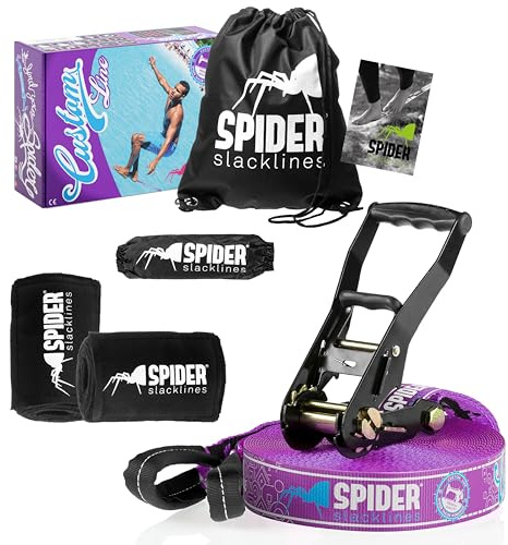 SPIDER SLACKLINE TKSA2 - Kit Slackline adulti - Attrezzatura premium per slackliner esperti e principianti - Set completo con fettuccia da 20m e cricchetto