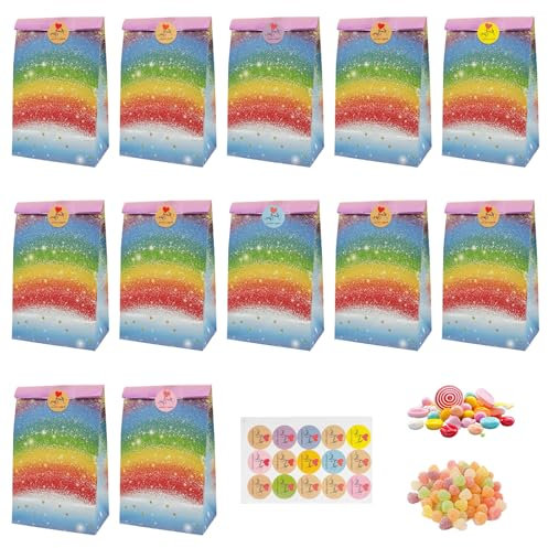 12 Stück Bunte Papier Partytüten mit Aufkleber, Tragbar Regenbogen Klein Geschenktüten, Konfetti Papiertüten, Wiederverwendbar Lieblich Candy Papiertüten für Hochzeit Geburtstagsfeier (Starlit Sky)