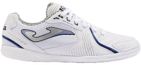 Joma - Scarpe da calcio indoor, tomaia sintetica e in rete, ventilazione VTS, punta di protezione, suola resistente, struttura flessografica e rotante, Blu e bianco., 42 EU