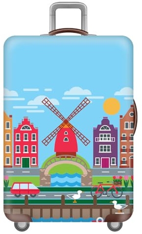 Hiseng 2024 Kofferhülle Elastisch 18-32 Zoll Kofferschutzhülle Waschbar Gepäck Cover Reisekoffer Hülle Kofferschutz Luggage Cover (Windmühle,L (26–28 Zoll))