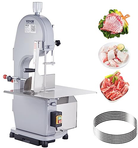 VEVOR Sierra de Cinta Eléctrica Comercial para Carne y Huesos de Acero Inoxidable de 1100 W para Encimera, Grosor de Corte 4~200 mm, con 5 Cuchillas para Costillas de Cerdo y Res, 485 x 490 x 860 mm