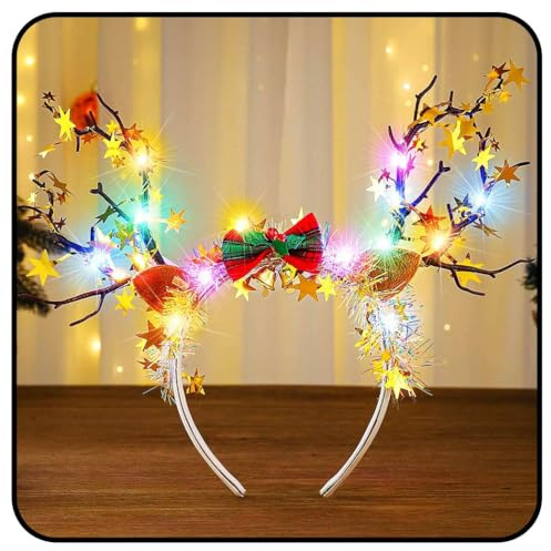 Zoestar Serre-tête de Noël, doré, LED, bois de renne, avec étoiles lumineuses, avec nœud, cloche, costume de Noël, accessoire capillaire pour femmes