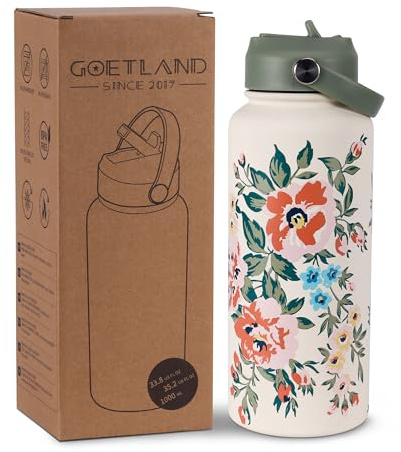Goetland Isolierte Trinkflasche Blumen 1l Edelstahl Wasserflasche mit Strohhalm Griff Doppelwandige Vakuumflasche Trinkbecher Auslaufsicher für Frauen und Männer Grau Grün