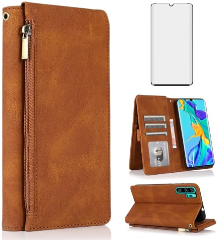 Asuwish Compatible with Huawei P30 Pro Wallet Case Tempered Glass Screen Protector Zipper Leather Flip Cover Card Holder Stand Cell Accessories Phone for Hawaii P30Pro P 30 Pro30 Women Men Brown