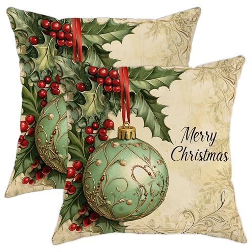Weihnachts-Kissenbezüge mit Stechpalmen- und Ornament-Motiv, grüne Samt-Kissenbezüge, Winterurlaubsdekoration für Zuhause, Sofa, Schlafzimmer, Wohnzimmer, 40,6 x 40,6 cm