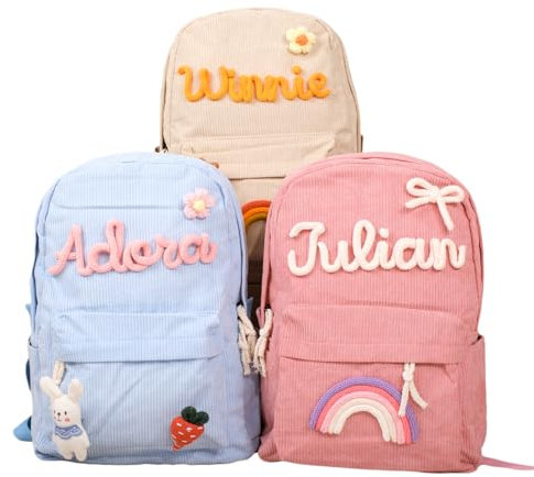 GELLEDI Zaino in velluto a coste personalizzato con nome per bambini, borsa a tracolla personalizzata, zaino da viaggio leggero per laptop per studenti (Rosa)