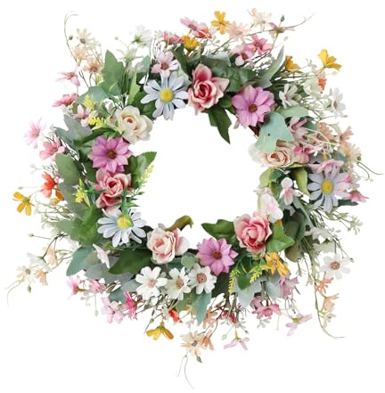 Skeadex Türkranz Frühling,40cm Frühlingskranz Haustür mit Blumen,Osterkranz Haustür Frühlingsdeko Zum Aufhängen,Frühlingskranz Türkranz für Haustür Außen,Blumenkranz für Wand Tür Fenster (B)