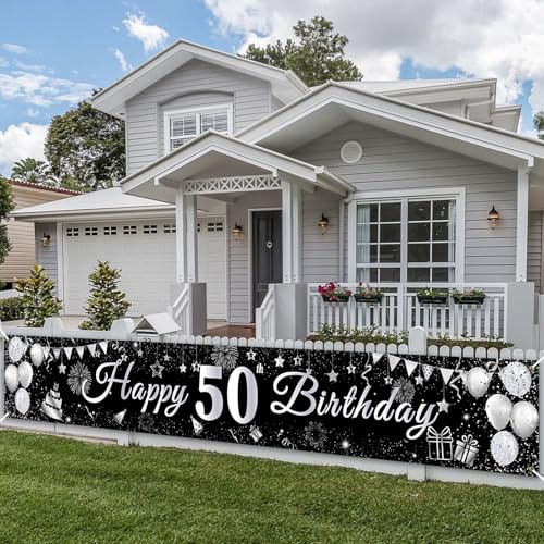 PartyYaa 50. Geburtstag Banner, 50. Geburtstagsbanner Deko, Extra Großes Happy Birthday Banner Party Fotoautomaten Hintergrund Deko Schild Poster für Männer und Frauen (Silber Schwarz)