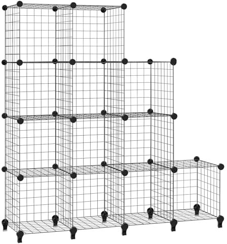 Rigogo 12-Cube Wire Grid Storage Rack, Interlocking Metal Mesh Shelves for Books Shoes Clothes Tools, in Living Room Bathroom, 30 x 30 cm, Black
