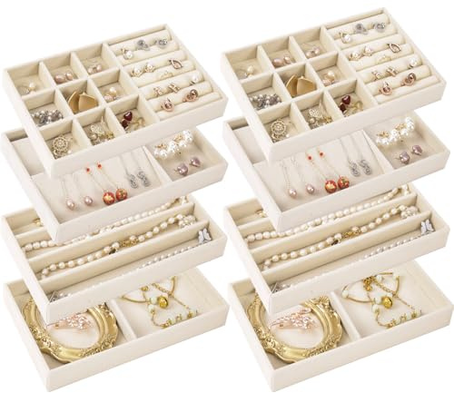 2025 - Inserti organizer per cassetti per gioielli, impilabili, in velluto, per cassettiera, espositore piatto impilabile per anelli, collane, accessori (set da 8)