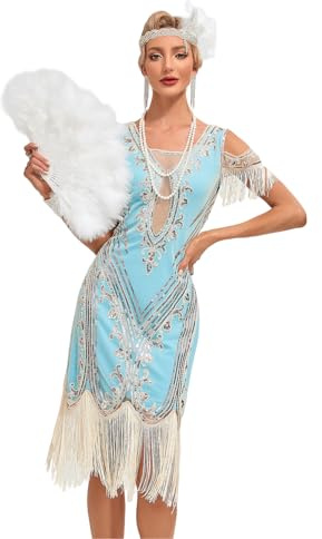 Viloree Femme Flapper 1920s Robe Soirée Longue Paillette Perlée Gatsby Robe Élégante Bleu Clair S