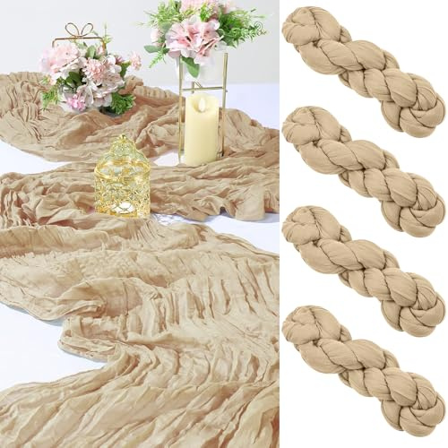 Cinnani 4 Pièces Chemins de Table en Beige 90 x 300cm Boho Gaze Etamine à Fromage Chemin de Table Rustique en Gaze pour décoration de Table de Mariage, Décoration D'arche de Mariage, Fête