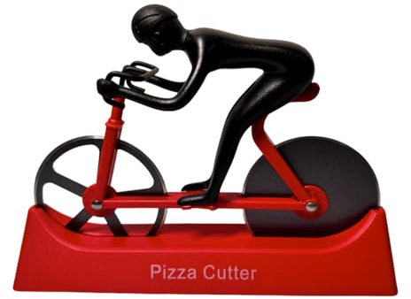 Cortador de pizza en forma de bicicleta: cortador de pizza de acero inoxidable con soporte, accesorio de cocina único (rojo)