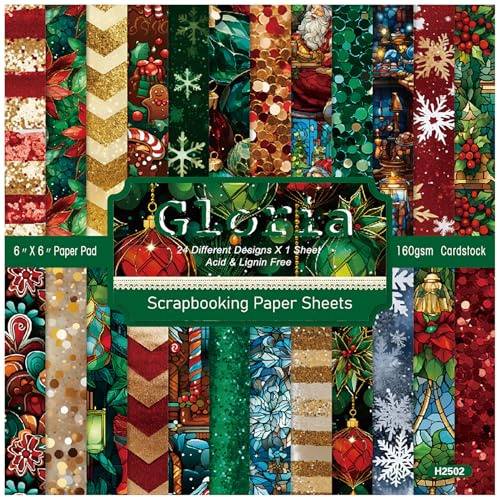 ZAKHSE Scrapbook Papier, 24 Blatt Weihnachten Motivpapier 15,2x15,2cm, Rot, Gold Pailletten Blumenmuster Einseitig Bedruckt Bastelpapier Designpapier für DIY Bastelarbeiten Journal Zubehör, 24 Motive