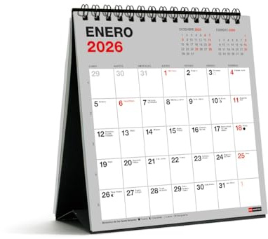 Miquelrius - Grundläggande skrivbordskalender 2026, 140 x 150 mm, årlig organisatör, 12 månaders planerare, dubbel spiralbindning, spanska