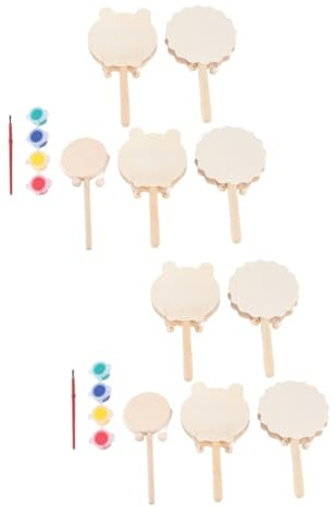 MILISTEN 14 Stck Teiliges DIY Holz Rasseltrommel für Unbemalte Trommel mit Rasseln Farbiger Ungiftiger Farbe und Pinsel Handgefertigt Fördert Kreativität Hand Auge Koordination und