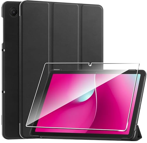 Heioloo Hülle für Telekom T Tablet 2 10.1 2025 Schutzhülle mit [1 Stück] Panzerglas Schutzfolie, mit Auto Schlaf/Wach, [PU Leder][Standfunktion] [Anti-Kratzen]-Schwarz