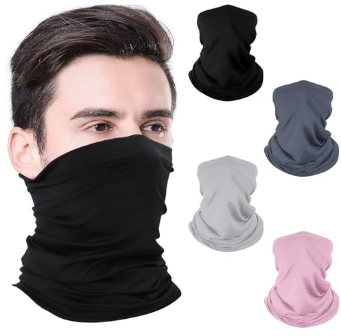 Fjquamitix 4 Pack Neck Gaiter Face Cover Scarf, Breathable Sun & Wind-proof for Skiing Fishing Hiking Cycling (Black+Light Gray+Dark Gray+Pink)