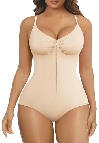 SHAPERX Women's Shapewear Bodysuit Tummy Control Seamless Zip-Up Body Shaper Waist Defining Body Suit,SZ5861-Beige-L/XL