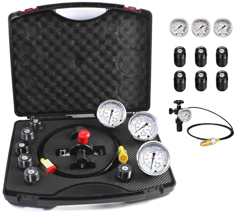 Kit di ricarica per accumulatore di azoto idraulico con 3 manometri per prova di pressione e 7 adattatori. Kit per prova di pressione dell'azoto idraulico, strumento di riempimento per riempimento d