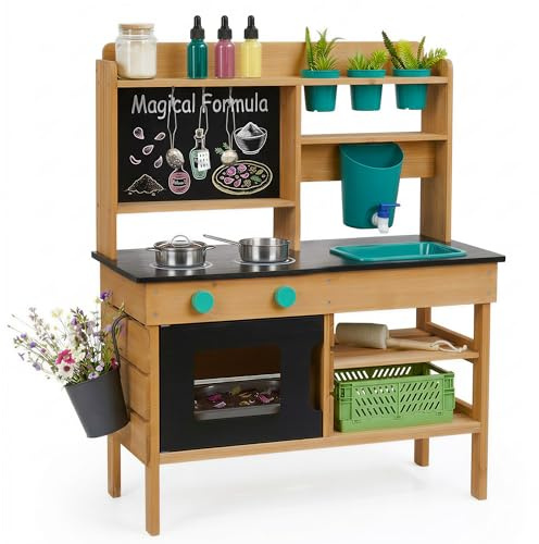 Outdoor Wooden Mud Kitchen for Kids with Water Tank, Sink and Chalkboard