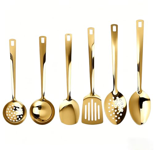 Rzspher Cooking Utensils Set, 6 pcs Kitchen Utensils Set (Golden) | Stainless Steel Spatula Set Includes Spatula Soup Ladle Serving Spoon, for Home Essential Kitchen Gadgets and Accessories