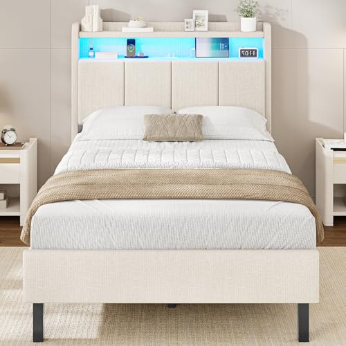 Bett 90x200 mit LED & Ladestation Bettgestell 90 x 200 mit Stauraum unter dem Bett,Kinderbett Jugendbett mit Lattenrost aus Holz Einzelbett mit Weich Gepolstertem Kopfteil (Beiges Leinen, 90x200cm)