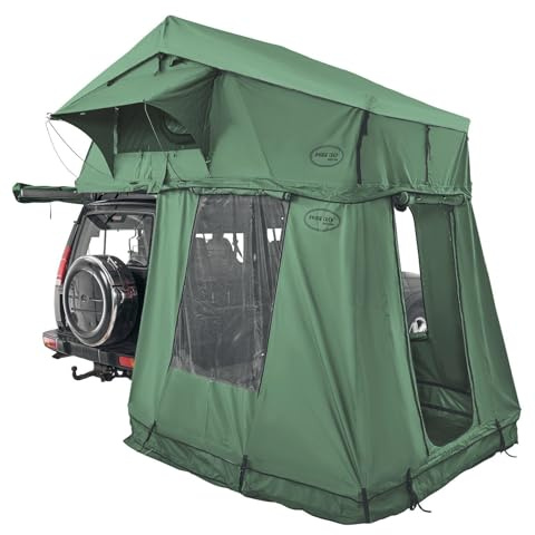 Prime Tech | Extended XL Autodachzelt mit Vorzelt | Softshell-Dachzelt mit Teleskopleiter & Matratze | Inkl. Vorzelt mit Bodenplane | 240x175 cm Liegefläche | Komfort für Camping | Grün