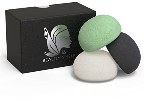 The Beauty Shelf Lot de 3 éponges Konjac au charbon de bambou activé, au thé vert ou naturelle pour le visage Forme hémisphérique
