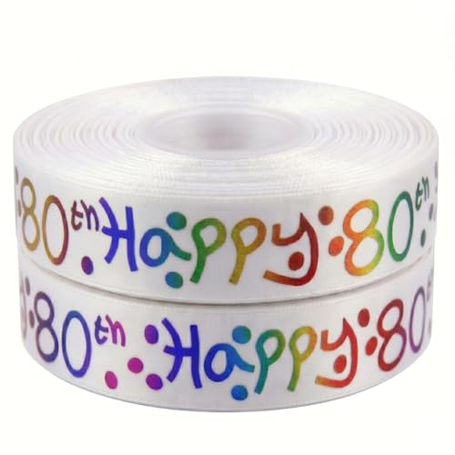 Happy 80th Birthday Satin Ribbon 25mm x 2m Gift Wrapping & Cake Decoration | Multi Colour Ribbon Sold in 2 metre lengths, ideal for birthday presents, party decor, greeting cards, balloons and crafts