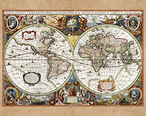 1art1 Historiska kartor – världskarta, Nova Totius Terrarum, 1630 bilder canvasbild med kilram | XXL-väggbild affisch konsttryck som canvasbild 50 x 40 cm