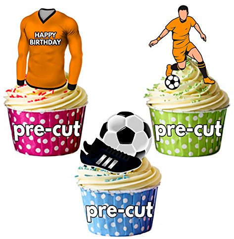 AK Giftshop PRECUT Happy Birthday Football Party Pack - Edible Cupcake Toppers/Cake Decorations Orange Shirt Top (Pack of 12)