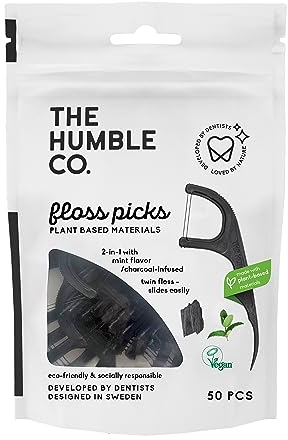 THE HUMBLE CO. - Dental Floss Picks - 2 in 1 Charcoal Infused with Mint Flavour - Developed by Dentists - Designed in Sweden - Teeth Cleaning - Reusable - Vegan & Cruelty-Free - 50p