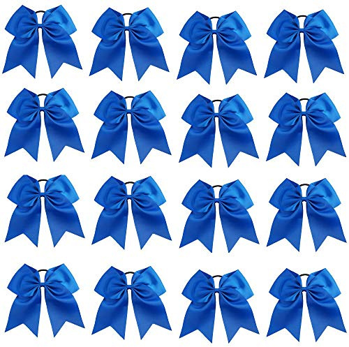 16PCS 8 Large Cheer Hair Bows Ponytail Holder Elastic Band Handmade for Cheerleading Teen Girls College Sports (Blue, 1 Count (Pack of 16))