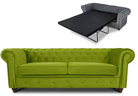 Sofnet - Schlafsofa Chesterfield Asti Bis 3-Sitzer (Hellgrün, Velvet 75) | Bettsofa, Sofa mit Schlaffunktion, 3-Sitzer, Couch, Bettfunktion, Veloursstoff, Holzfüße, Chesterfield Stil