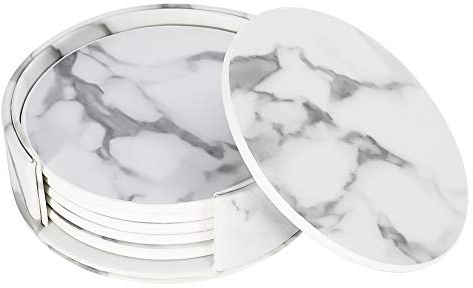 lovingmona Marble Coasters Set of 6 Coasters with Holder for Drink Marble Placemats White Cup Mats Suitable for Kinds of Cups PU Leather Heat Resistant Tables Home Decor Round