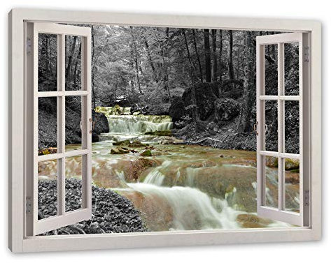 Pixxprint Waldbach im Herbst, Fenster, Größe: 120x80cm, Leinwandbild, fertig gespannt, Wandbild, Dekoration, Kunstdruck, kein Poster