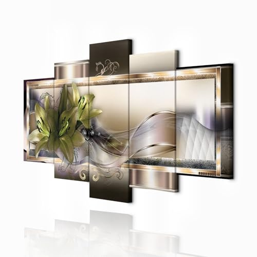 decomonkey Bilder Blumen Abstrakt 200x100 cm 5 Teilig Leinwandbilder Lilie | Bild auf Leinwand, Wandbild, Kunstdruck, Wanddeko, Wohnzimmer, Wanddekoration