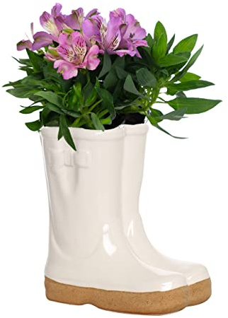 Dibor White Ceramic Flower Pot Houseplant Pot Herb Flower Planter (BR04) | Ceramic, Wellington Boot Planter, Plant Pot, Flower Pot, Planter, Drainage Hole, Removable Stopper