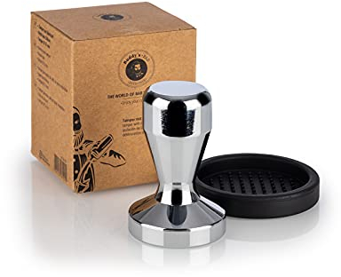Buddy´s Bar - Barista Edition, prensador de café, 53 mm de diámetro, Base: 8 cm, Acero Inoxidable, Sello de Espresso, portafiltros, prensador de café de 53 mm con Alfombrilla de Silicona