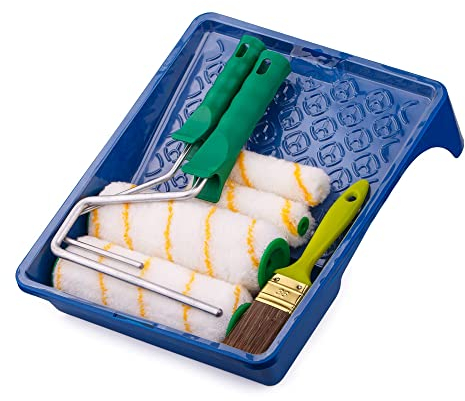 Mivos Praktisches Malerset 9-teilig - 2x Farbroller 18 cm - 2x Farbroller 11 cm - 2x Steckbügel - Pinsel 36 mm - Farbwanne 33 x 26 cm - Farbroller Set Made in EU